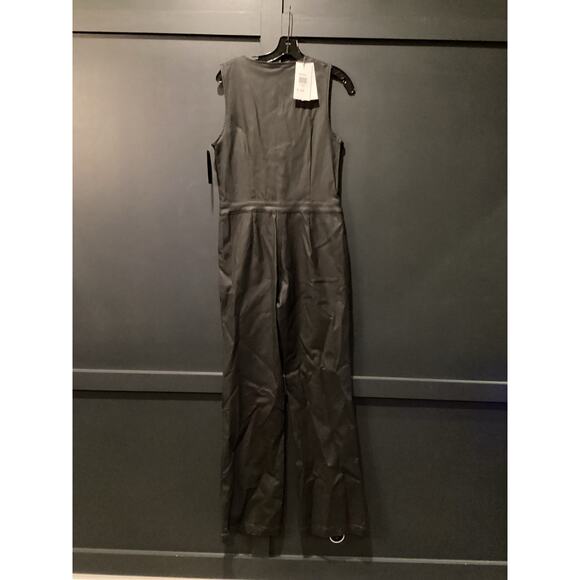 Retrofete Mckinnon Black Coated Denim Jumpsuit Plunge Flare Leg XL NWT - Picture 3 of 11